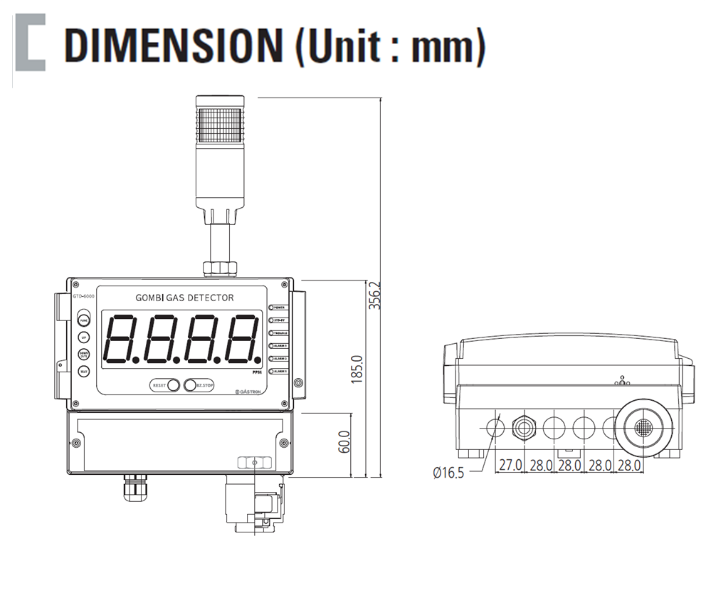 Gas Receiver Combination Oxygen & Toxic Gas Detector Dimension